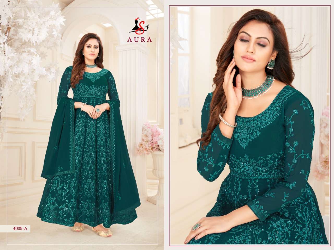 AURA 4005 COLOURS BY STYLE FASHION 4005-A TO 4005-E SERIES BEAUTIFUL STYLISH ANARKALI SUITS FANCY COLORFUL CASUAL WEAR & ETHNIC WEAR & READY TO WEAR BLOOMING GEORGETTE DRESSES AT WHOLESALE PRICE