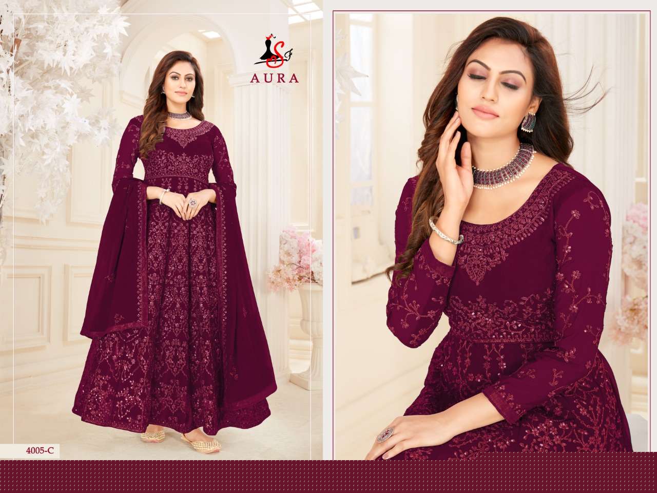 AURA 4005 COLOURS BY STYLE FASHION 4005-A TO 4005-E SERIES BEAUTIFUL STYLISH ANARKALI SUITS FANCY COLORFUL CASUAL WEAR & ETHNIC WEAR & READY TO WEAR BLOOMING GEORGETTE DRESSES AT WHOLESALE PRICE