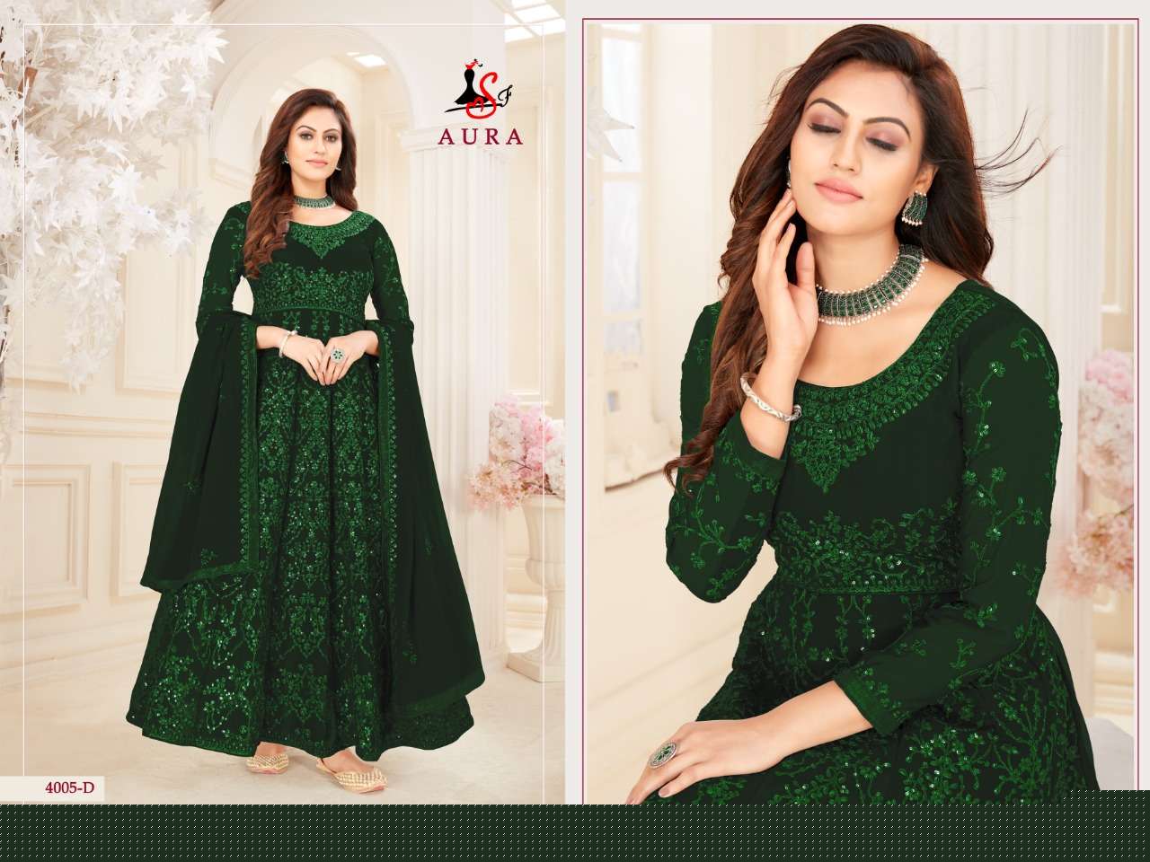 AURA 4005 COLOURS BY STYLE FASHION 4005-A TO 4005-E SERIES BEAUTIFUL STYLISH ANARKALI SUITS FANCY COLORFUL CASUAL WEAR & ETHNIC WEAR & READY TO WEAR BLOOMING GEORGETTE DRESSES AT WHOLESALE PRICE