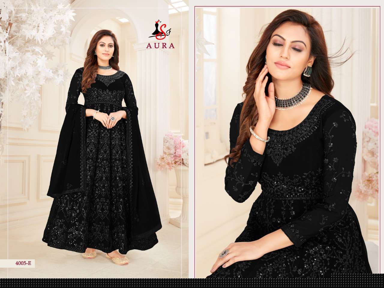 AURA 4005 COLOURS BY STYLE FASHION 4005-A TO 4005-E SERIES BEAUTIFUL STYLISH ANARKALI SUITS FANCY COLORFUL CASUAL WEAR & ETHNIC WEAR & READY TO WEAR BLOOMING GEORGETTE DRESSES AT WHOLESALE PRICE
