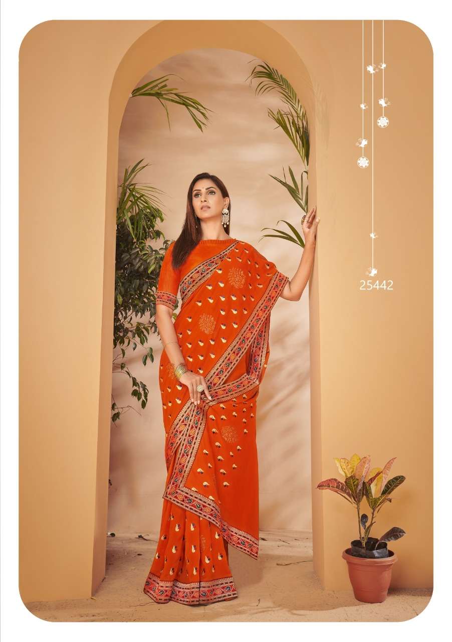 VISHALAKSHI BY VALLABHI PRINTS 25442 TO 25449 SERIES INDIAN TRADITIONAL WEAR COLLECTION BEAUTIFUL STYLISH FANCY COLORFUL PARTY WEAR & OCCASIONAL WEAR VICHITRA SILK SAREES AT WHOLESALE PRICE