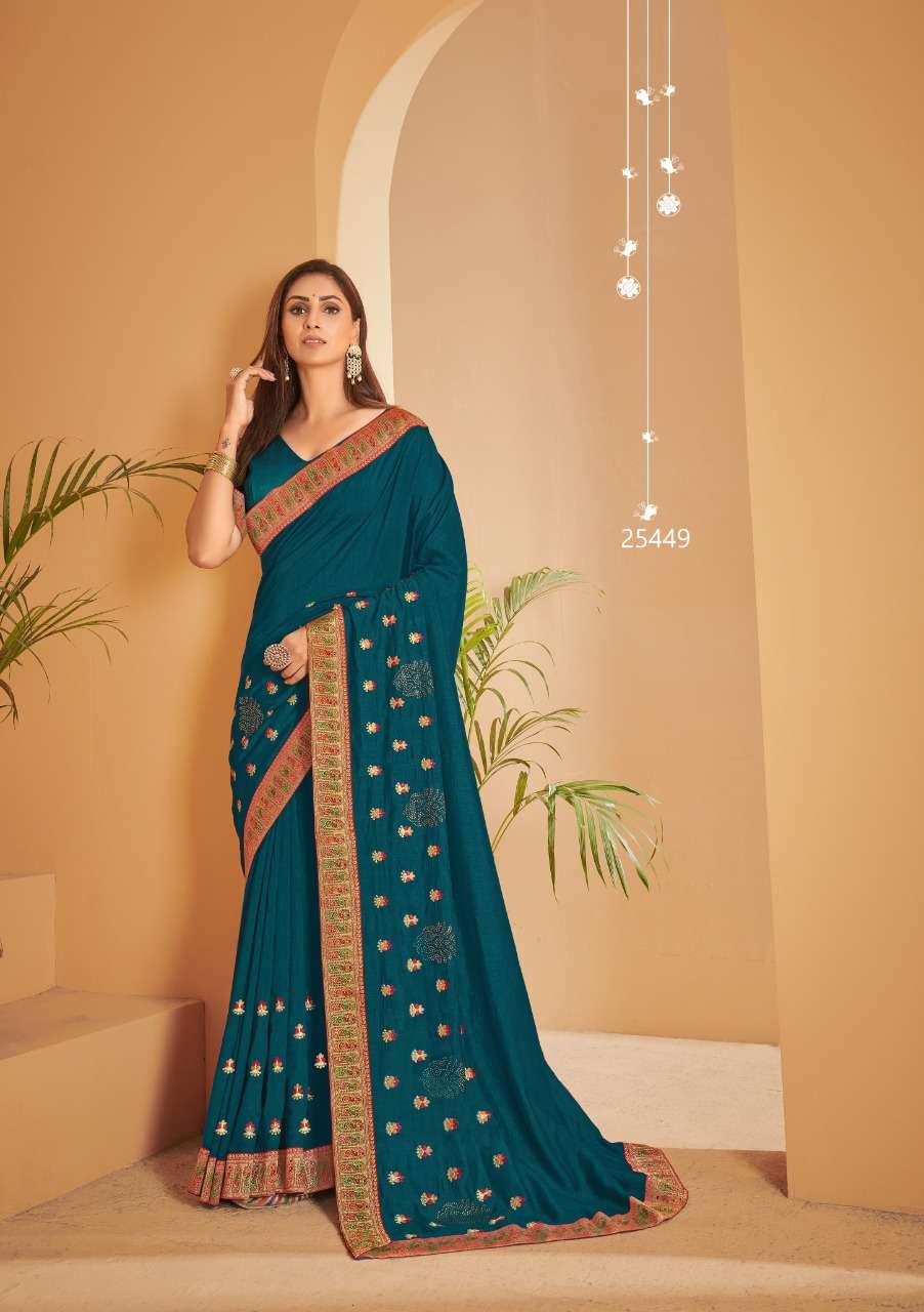 VISHALAKSHI BY VALLABHI PRINTS 25442 TO 25449 SERIES INDIAN TRADITIONAL WEAR COLLECTION BEAUTIFUL STYLISH FANCY COLORFUL PARTY WEAR & OCCASIONAL WEAR VICHITRA SILK SAREES AT WHOLESALE PRICE