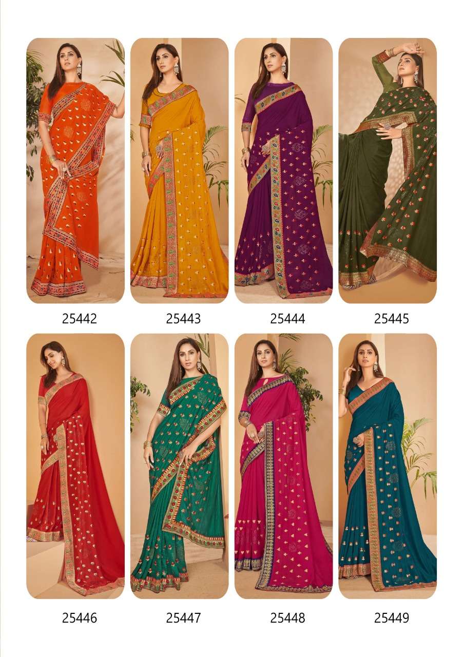 VISHALAKSHI BY VALLABHI PRINTS 25442 TO 25449 SERIES INDIAN TRADITIONAL WEAR COLLECTION BEAUTIFUL STYLISH FANCY COLORFUL PARTY WEAR & OCCASIONAL WEAR VICHITRA SILK SAREES AT WHOLESALE PRICE