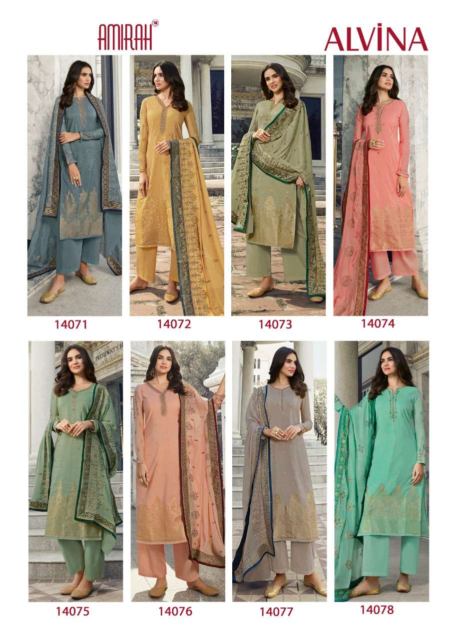 ALVINA BY AMIRAH 14071 TO 14078 SERIES BEAUTIFUL STYLISH SUITS FANCY COLORFUL CASUAL WEAR & ETHNIC WEAR & READY TO WEAR VISCOSE DOLA JACQUARD DRESSES AT WHOLESALE PRICE