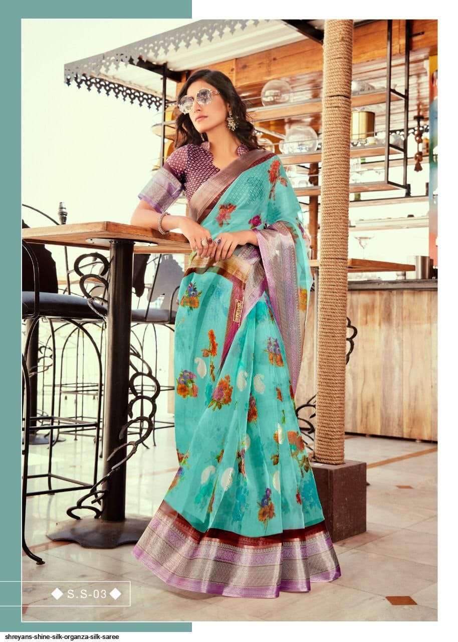SHINE SILK BY SHREYANS 03 TO 12 SERIES INDIAN TRADITIONAL WEAR COLLECTION BEAUTIFUL STYLISH FANCY COLORFUL PARTY WEAR & OCCASIONAL WEAR ORGANZA SAREES AT WHOLESALE PRICE