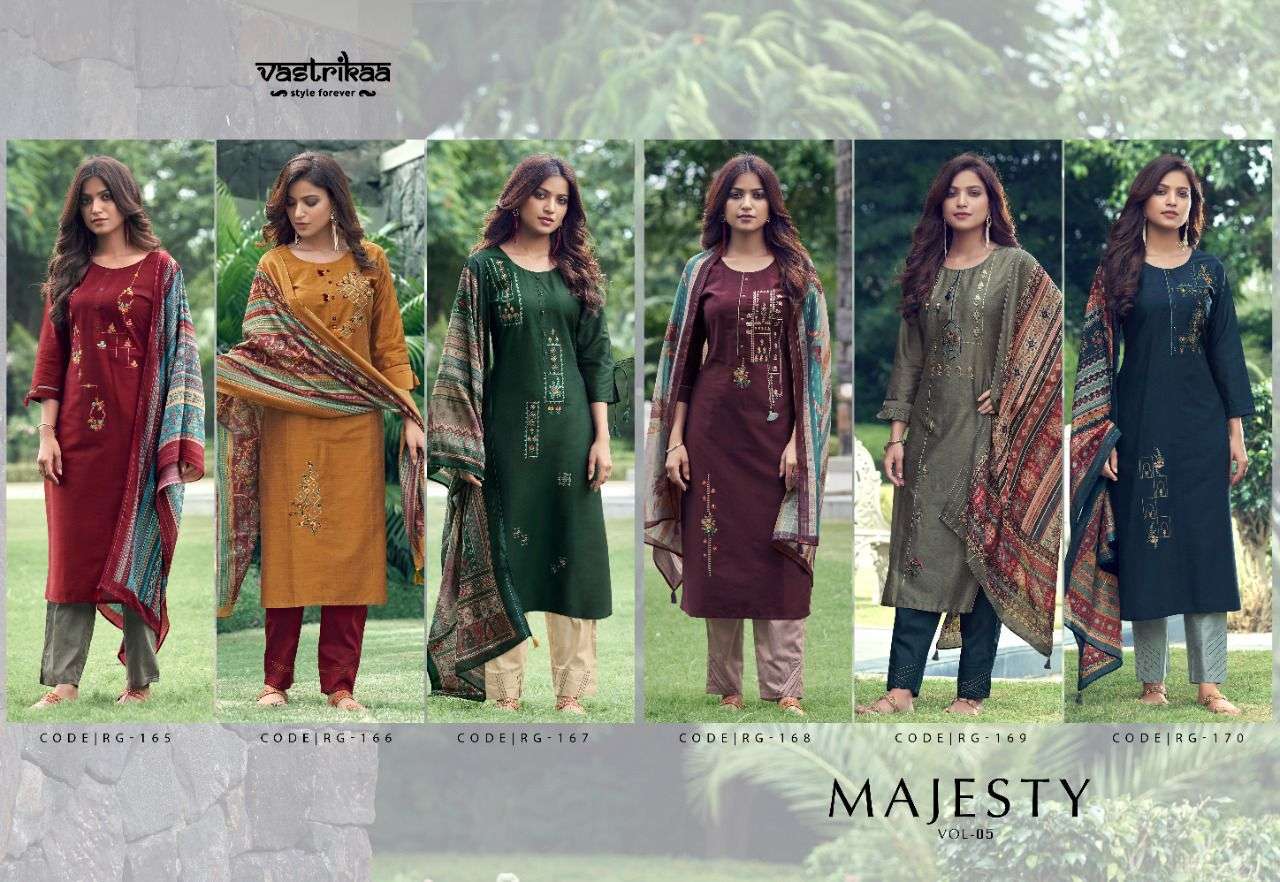 MAJESTY VOL-5 BY VASTRIKAA 165 TO 170 SERIES BEAUTIFUL SUITS COLORFUL STYLISH FANCY CASUAL WEAR & ETHNIC WEAR CHANDERI SILK DRESSES AT WHOLESALE PRICE