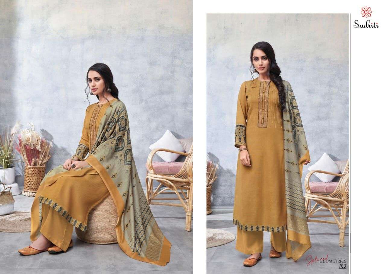 SPLICED GEOMETRICS BY SUDRITI BEAUTIFUL SUITS COLORFUL STYLISH FANCY CASUAL WEAR & ETHNIC WEAR PASHMINA DIGITAL PRINT DRESSES AT WHOLESALE PRICE