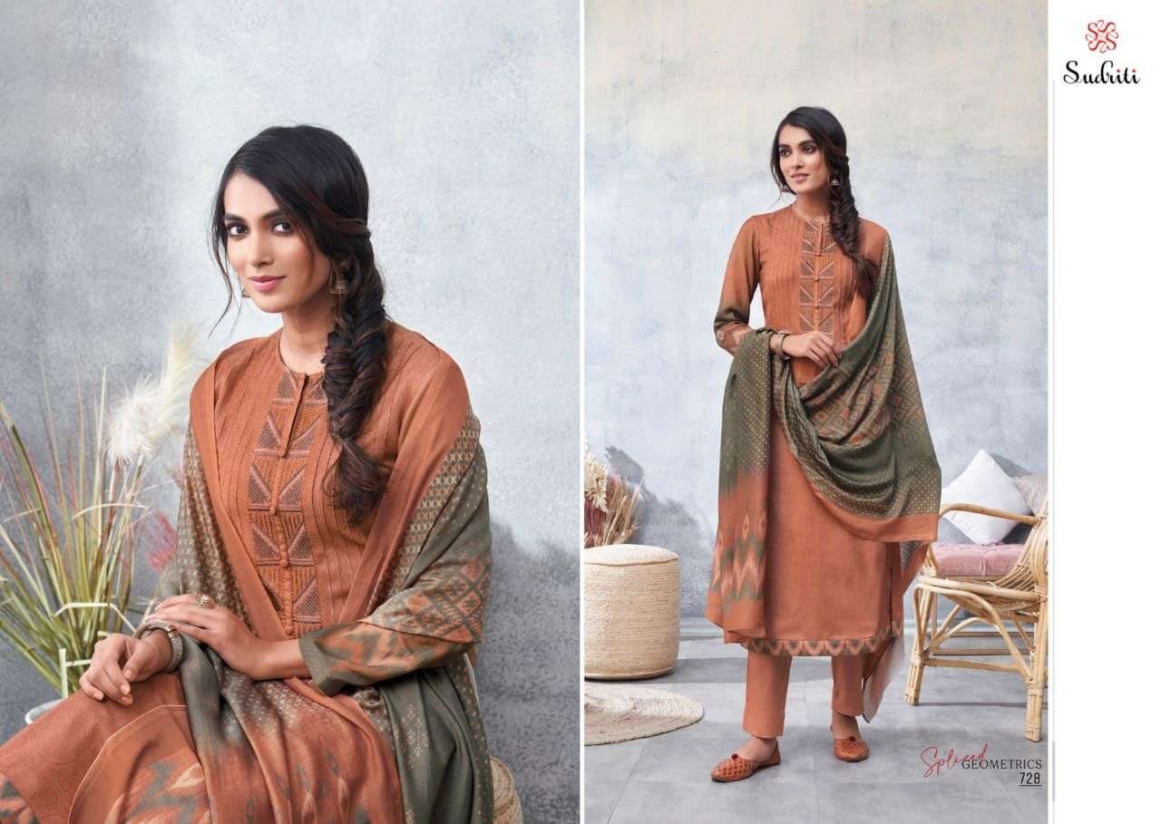 SPLICED GEOMETRICS BY SUDRITI BEAUTIFUL SUITS COLORFUL STYLISH FANCY CASUAL WEAR & ETHNIC WEAR PASHMINA DIGITAL PRINT DRESSES AT WHOLESALE PRICE