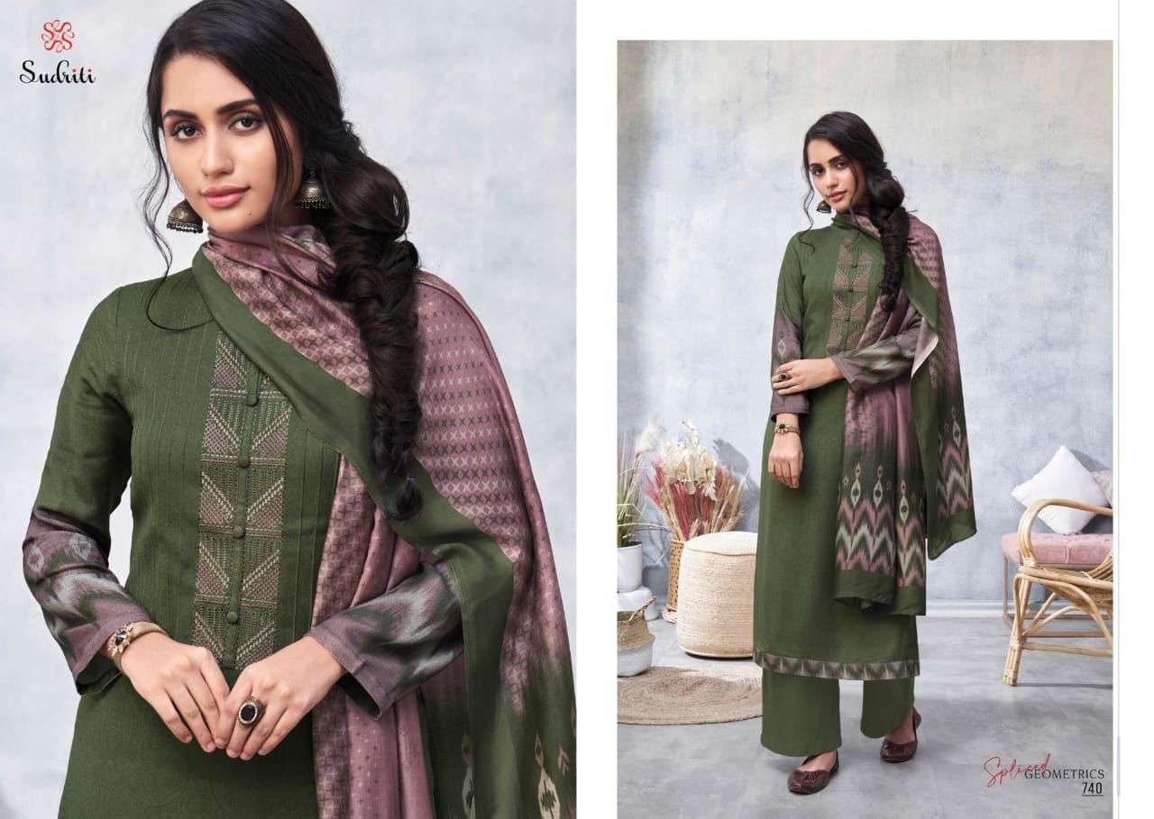 SPLICED GEOMETRICS BY SUDRITI BEAUTIFUL SUITS COLORFUL STYLISH FANCY CASUAL WEAR & ETHNIC WEAR PASHMINA DIGITAL PRINT DRESSES AT WHOLESALE PRICE