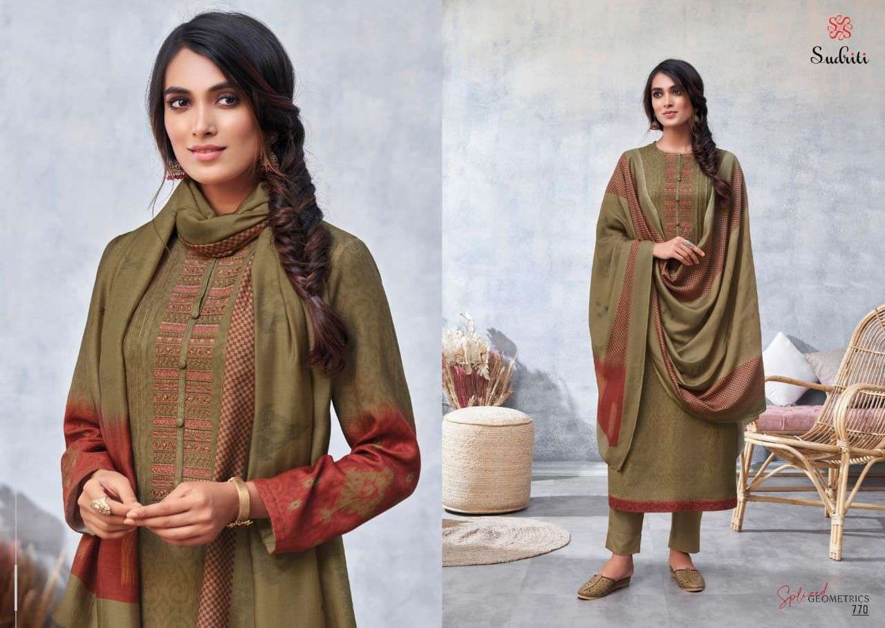 SPLICED GEOMETRICS BY SUDRITI BEAUTIFUL SUITS COLORFUL STYLISH FANCY CASUAL WEAR & ETHNIC WEAR PASHMINA DIGITAL PRINT DRESSES AT WHOLESALE PRICE