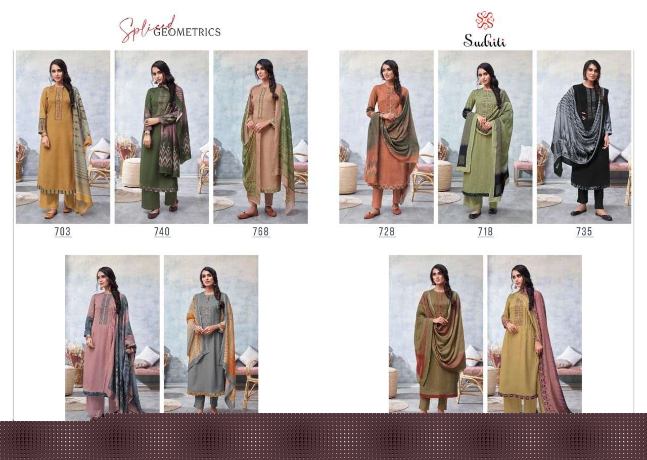 SPLICED GEOMETRICS BY SUDRITI BEAUTIFUL SUITS COLORFUL STYLISH FANCY CASUAL WEAR & ETHNIC WEAR PASHMINA DIGITAL PRINT DRESSES AT WHOLESALE PRICE