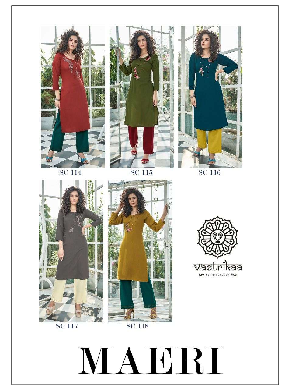 MAERI BY VASTRIKAA 114 TO 118 SERIES DESIGNER STYLISH FANCY COLORFUL BEAUTIFUL PARTY WEAR & ETHNIC WEAR COLLECTION VISCOSE EMBROIDERY KURTIS WITH BOTTOM AT WHOLESALE PRICE