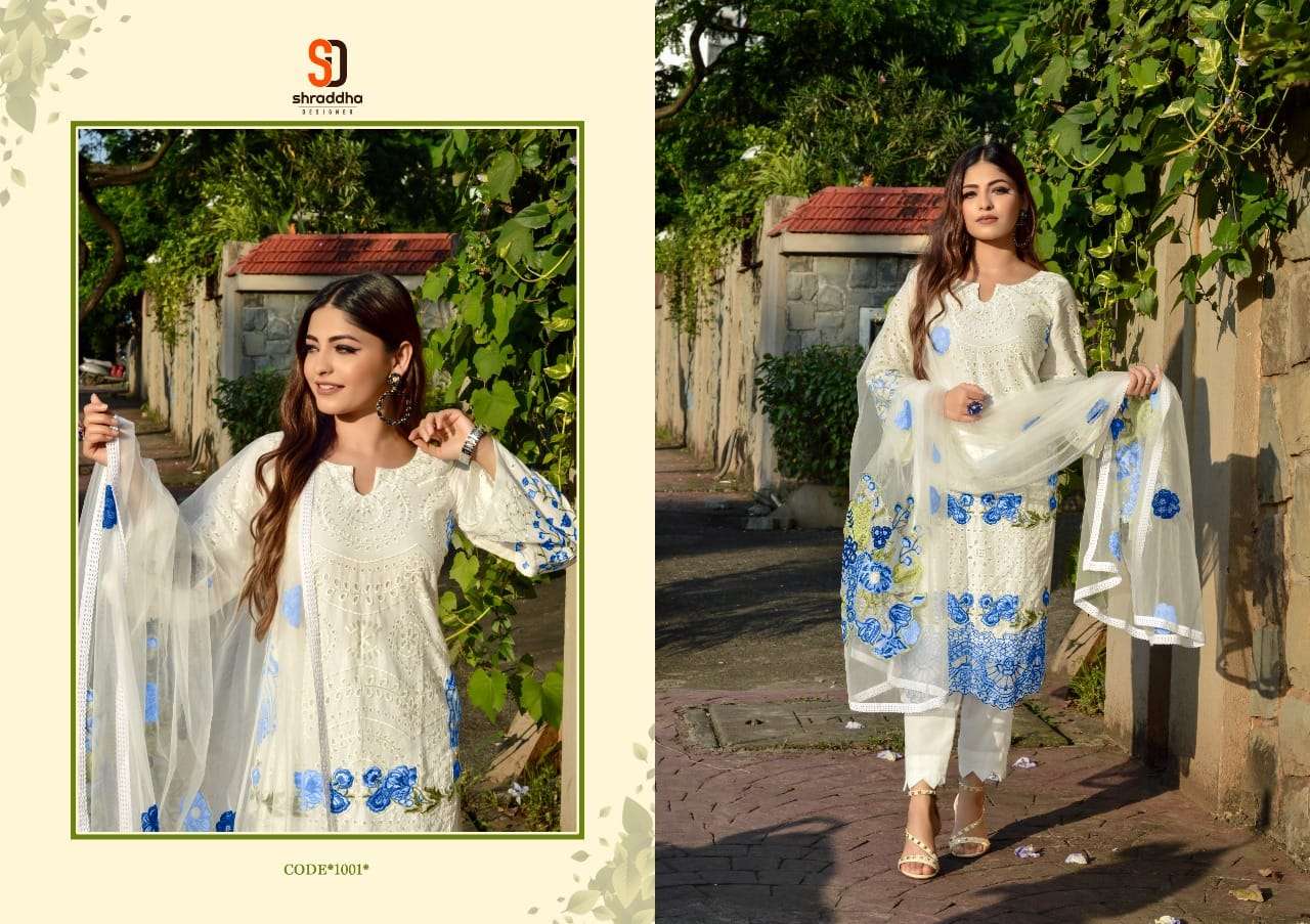 AALIYA BY SHRADDHA DESIGNER 1001 TO 1006 SERIES DESIGNER PAKISTANI SUITS BEAUTIFUL STYLISH FANCY COLORFUL PARTY WEAR & OCCASIONAL WEAR PURE CAMBRIC COTTON EMBROIDERED DRESSES AT WHOLESALE PRICE