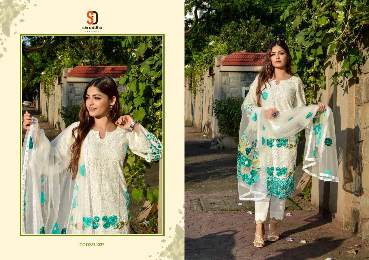 AALIYA BY SHRADDHA DESIGNER 1001 TO 1006 SERIES DESIGNER PAKISTANI SUITS BEAUTIFUL STYLISH FANCY COLORFUL PARTY WEAR & OCCASIONAL WEAR PURE CAMBRIC COTTON EMBROIDERED DRESSES AT WHOLESALE PRICE