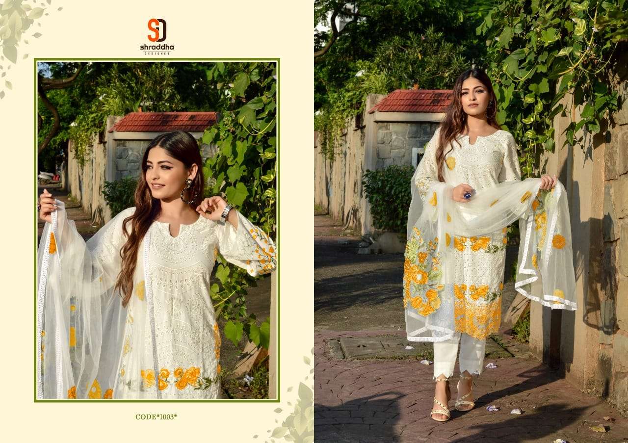AALIYA BY SHRADDHA DESIGNER 1001 TO 1006 SERIES DESIGNER PAKISTANI SUITS BEAUTIFUL STYLISH FANCY COLORFUL PARTY WEAR & OCCASIONAL WEAR PURE CAMBRIC COTTON EMBROIDERED DRESSES AT WHOLESALE PRICE