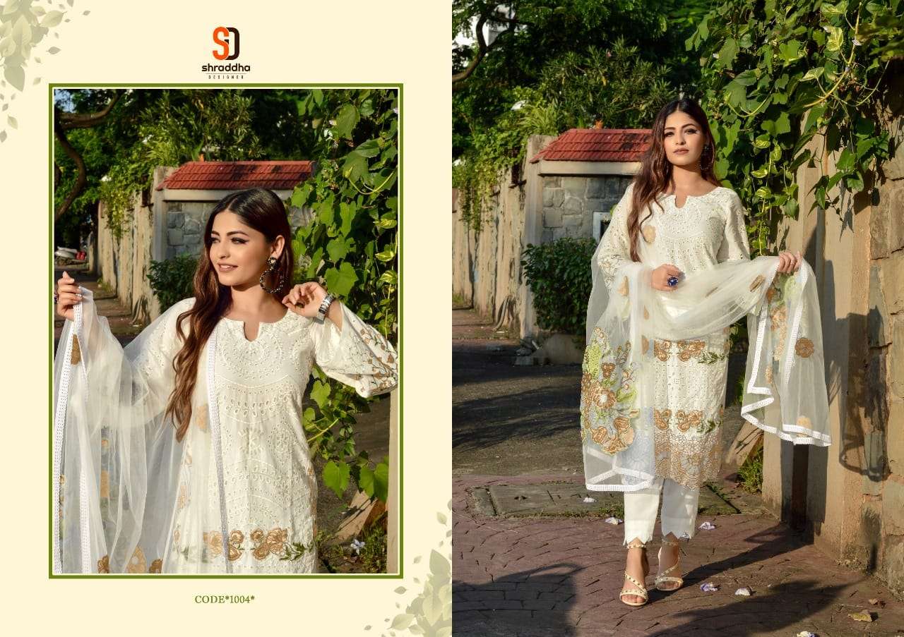 AALIYA BY SHRADDHA DESIGNER 1001 TO 1006 SERIES DESIGNER PAKISTANI SUITS BEAUTIFUL STYLISH FANCY COLORFUL PARTY WEAR & OCCASIONAL WEAR PURE CAMBRIC COTTON EMBROIDERED DRESSES AT WHOLESALE PRICE