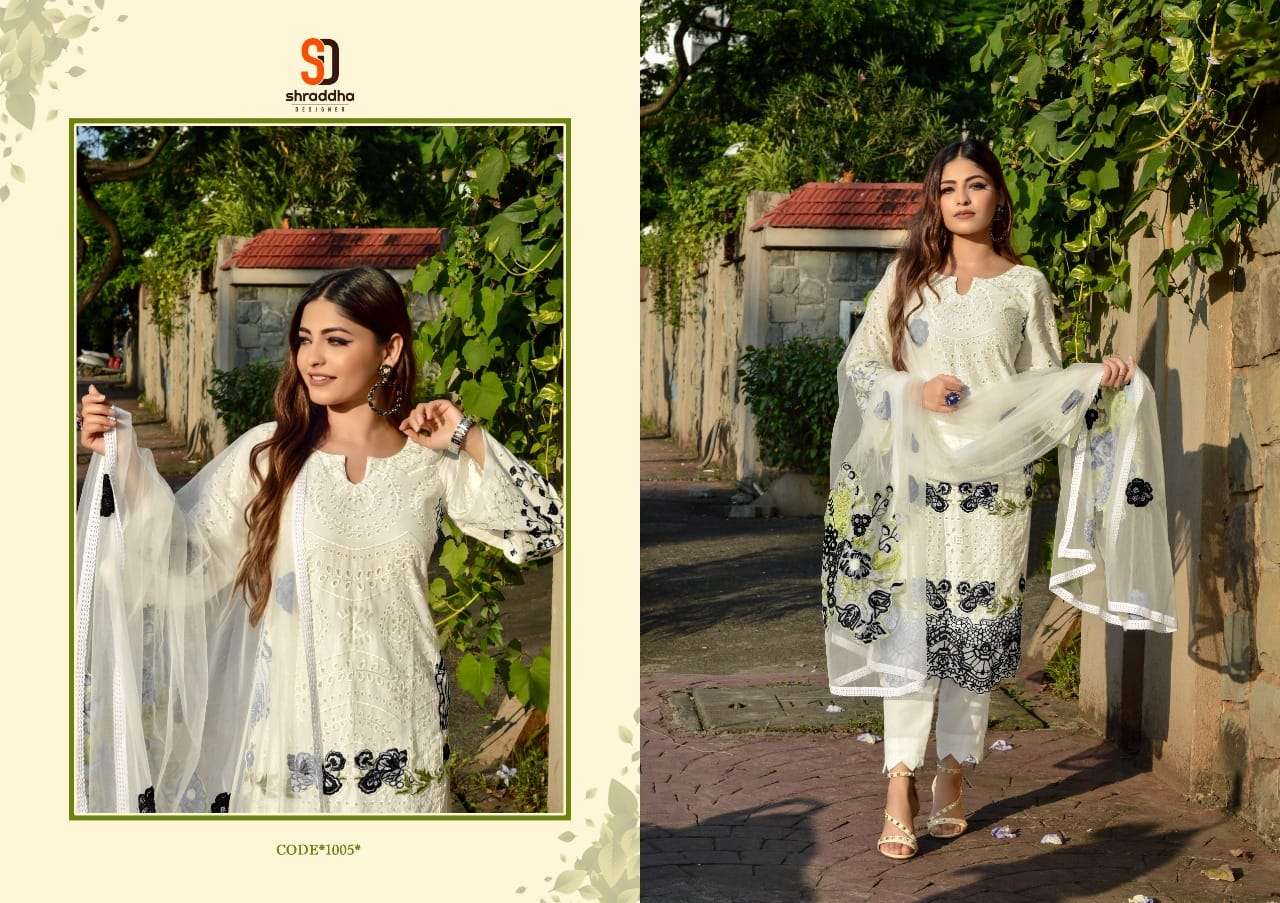 AALIYA BY SHRADDHA DESIGNER 1001 TO 1006 SERIES DESIGNER PAKISTANI SUITS BEAUTIFUL STYLISH FANCY COLORFUL PARTY WEAR & OCCASIONAL WEAR PURE CAMBRIC COTTON EMBROIDERED DRESSES AT WHOLESALE PRICE