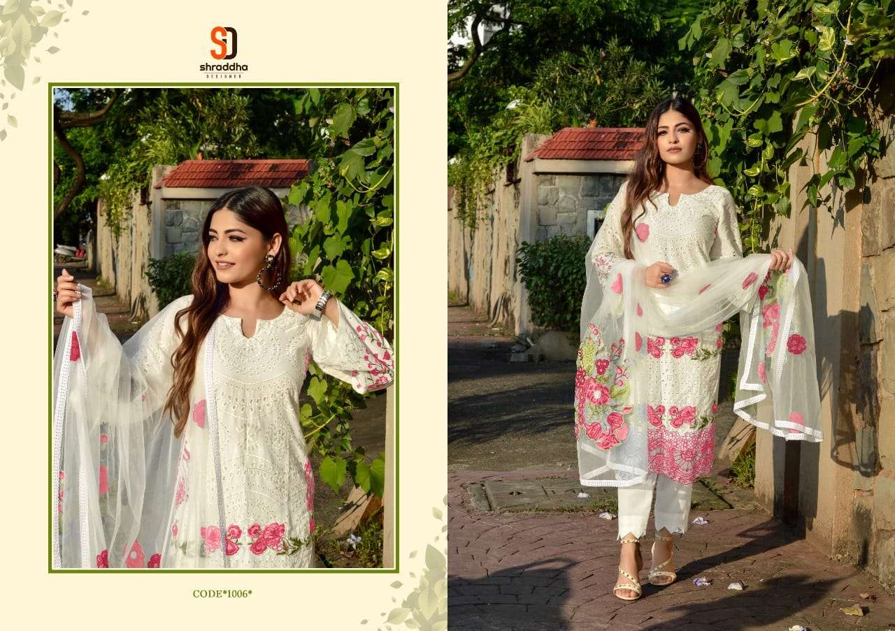 AALIYA BY SHRADDHA DESIGNER 1001 TO 1006 SERIES DESIGNER PAKISTANI SUITS BEAUTIFUL STYLISH FANCY COLORFUL PARTY WEAR & OCCASIONAL WEAR PURE CAMBRIC COTTON EMBROIDERED DRESSES AT WHOLESALE PRICE