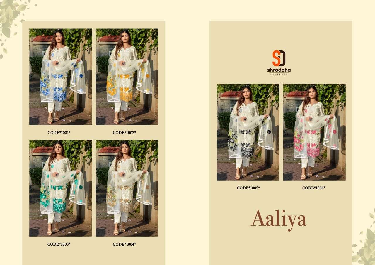 AALIYA BY SHRADDHA DESIGNER 1001 TO 1006 SERIES DESIGNER PAKISTANI SUITS BEAUTIFUL STYLISH FANCY COLORFUL PARTY WEAR & OCCASIONAL WEAR PURE CAMBRIC COTTON EMBROIDERED DRESSES AT WHOLESALE PRICE