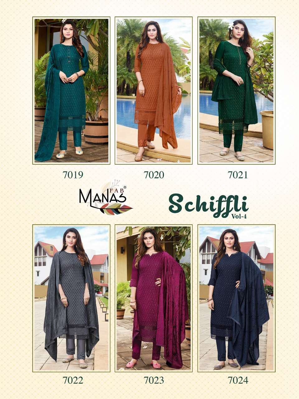 SCHIFFLI VOL-4 BY MANAS FAB 7019 TO 7024 SERIES BEAUTIFUL SUITS COLORFUL STYLISH FANCY CASUAL WEAR & ETHNIC WEAR GEORGETTE WITH SCHIFFLI WORK DRESSES AT WHOLESALE PRICE