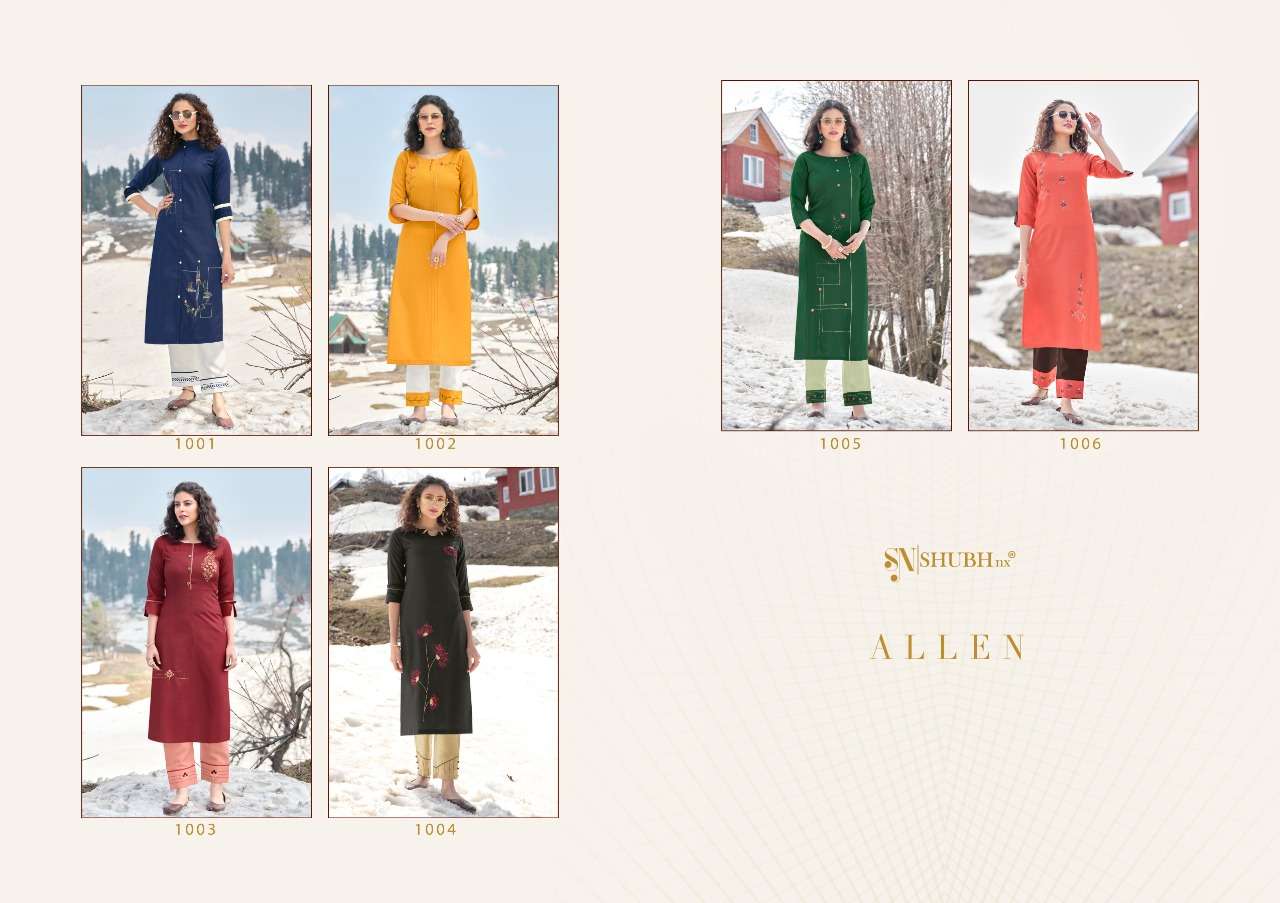 ALLEN BY SHUBH NX 1001 TO 1006 SERIES DESIGNER STYLISH FANCY COLORFUL BEAUTIFUL PARTY WEAR & ETHNIC WEAR COLLECTION COTTON SLUB KURTIS WITH BOTTOM AT WHOLESALE PRICE