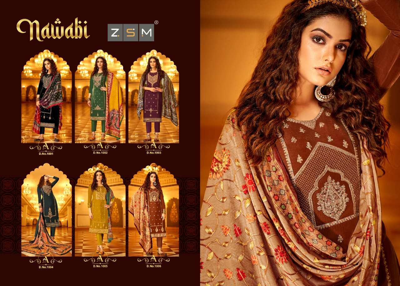 NAWABI BY ZSM 1001 TO 1006 SERIES BEAUTIFUL SUITS COLORFUL STYLISH FANCY CASUAL WEAR & ETHNIC WEAR PURE VELVET EMBROIDERED DRESSES AT WHOLESALE PRICE