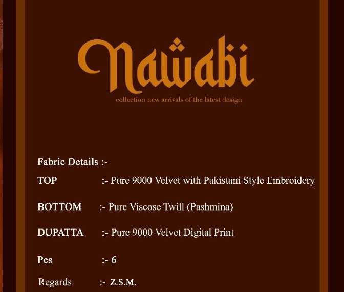 NAWABI BY ZSM 1001 TO 1006 SERIES BEAUTIFUL SUITS COLORFUL STYLISH FANCY CASUAL WEAR & ETHNIC WEAR PURE VELVET EMBROIDERED DRESSES AT WHOLESALE PRICE