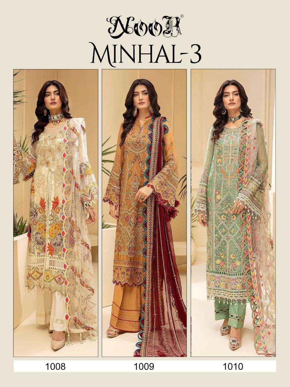 MINHAL VOL-3 BY NOOR 1008 TO 1010 SERIES BEAUTIFUL PAKISTANI SUITS STYLISH FANCY COLORFUL PARTY WEAR & OCCASIONAL WEAR FAUX GEORGETTE EMBROIDERED DRESSES AT WHOLESALE PRICE