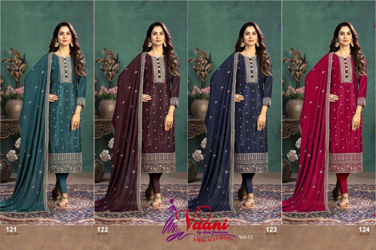 VAANI VOL-12 BY TWISHA 121 TO 124 SERIES DESIGNER SUITS COLLECTION BEAUTIFUL STYLISH FANCY COLORFUL PARTY WEAR & OCCASIONAL WEAR SILK DRESSES AT WHOLESALE PRICE