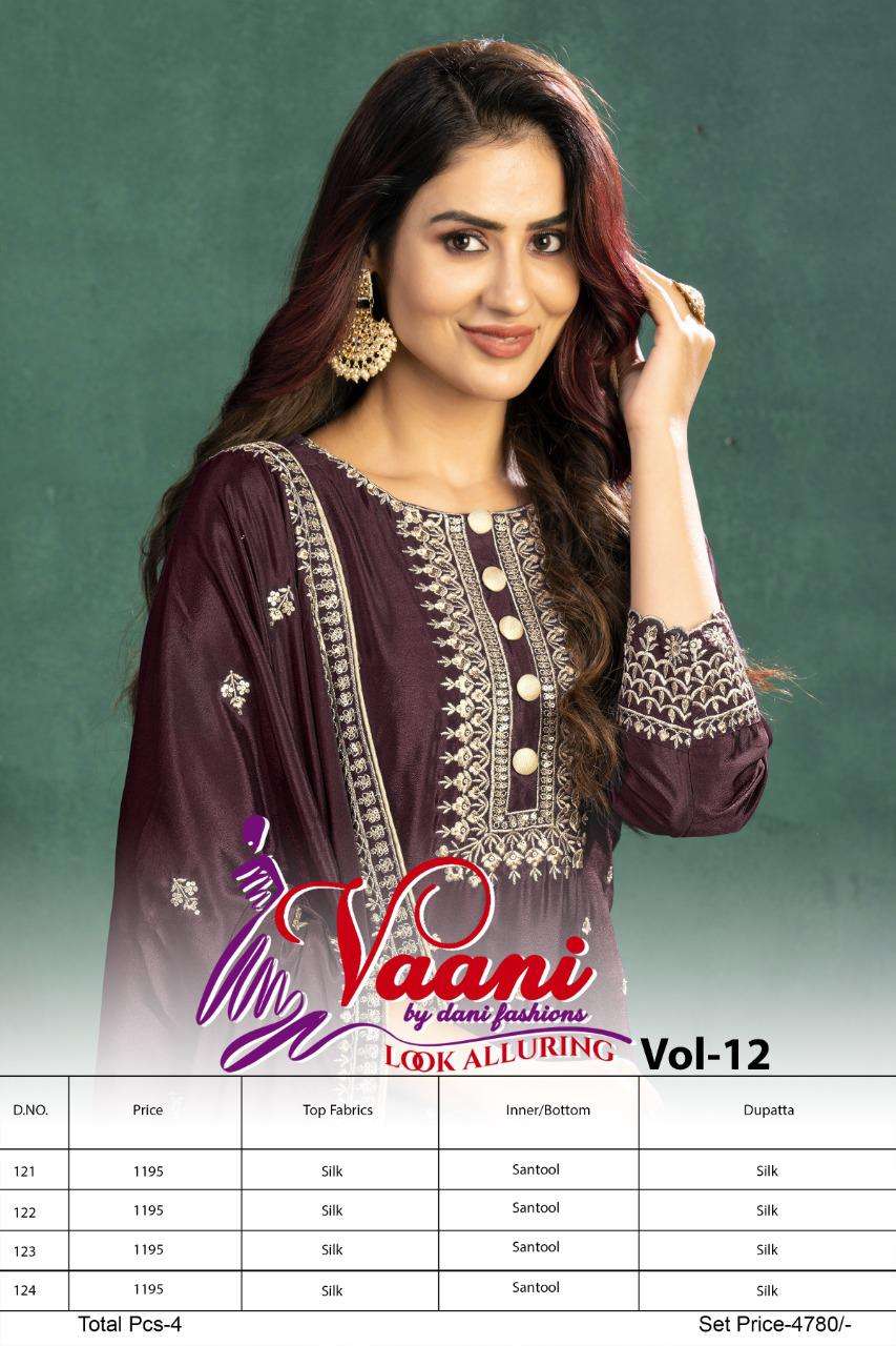 VAANI VOL-12 BY TWISHA 121 TO 124 SERIES DESIGNER SUITS COLLECTION BEAUTIFUL STYLISH FANCY COLORFUL PARTY WEAR & OCCASIONAL WEAR SILK DRESSES AT WHOLESALE PRICE