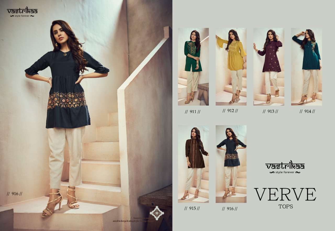 VERVE TOPS BY VASTRIKAA 911 TO 916 SERIES BEAUTIFUL STYLISH FANCY COLORFUL CASUAL WEAR & ETHNIC WEAR HEAVY MUSLIN TOPS AT WHOLESALE PRICE