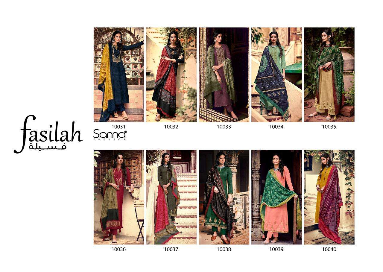FASILAH BY SANNA FASHION 10031 TO 10040 SERIES BEAUTIFUL STYLISH SHARARA SUITS FANCY COLORFUL CASUAL WEAR & ETHNIC WEAR & READY TO WEAR PURE PASHMINA DIGITAL PRINT DRESSES AT WHOLESALE PRICE