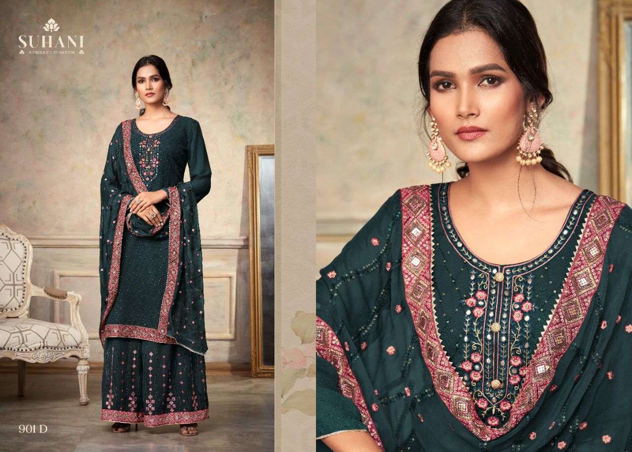 SUHANI VOL-2 BY MOHINI FASHION 901-A TO 801-D SERIES BEAUTIFUL SUITS COLORFUL STYLISH FANCY CASUAL WEAR & ETHNIC WEAR PURE VISCOSE GEORGETTE EMBROIDERED DRESSES AT WHOLESALE PRICE