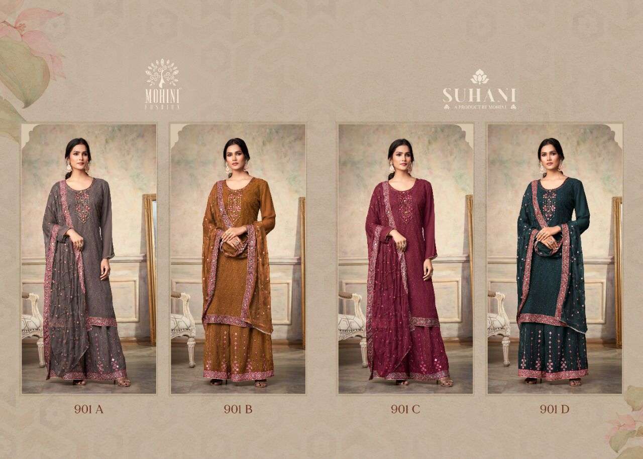 SUHANI VOL-2 BY MOHINI FASHION 901-A TO 801-D SERIES BEAUTIFUL SUITS COLORFUL STYLISH FANCY CASUAL WEAR & ETHNIC WEAR PURE VISCOSE GEORGETTE EMBROIDERED DRESSES AT WHOLESALE PRICE