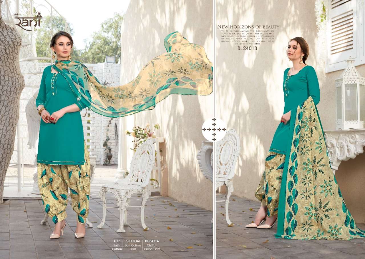 SUNDAY PATIYALA VOL-24 BY RANI 24001 TO 24013 SERIES BEAUTIFUL STYLISH SHARARA SUITS FANCY COLORFUL CASUAL WEAR & ETHNIC WEAR & READY TO WEAR SATIN COTTON PRINTED DRESSES AT WHOLESALE PRICE