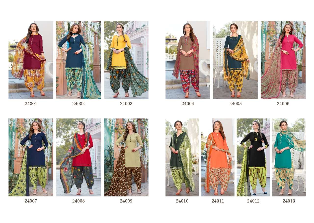 SUNDAY PATIYALA VOL-24 BY RANI 24001 TO 24013 SERIES BEAUTIFUL STYLISH SHARARA SUITS FANCY COLORFUL CASUAL WEAR & ETHNIC WEAR & READY TO WEAR SATIN COTTON PRINTED DRESSES AT WHOLESALE PRICE