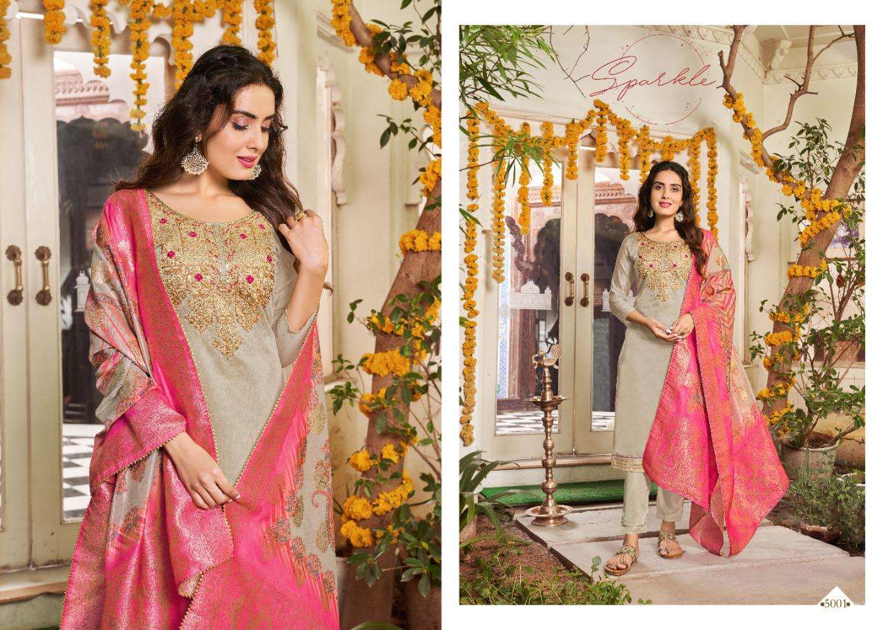 MANN MAHEK BY 7 CLOUDS 5001 TO 5006 SERIES BEAUTIFUL STYLISH SUITS FANCY COLORFUL CASUAL WEAR & ETHNIC WEAR & READY TO WEAR PURE BANARASI MODAL DRESSES AT WHOLESALE PRICE