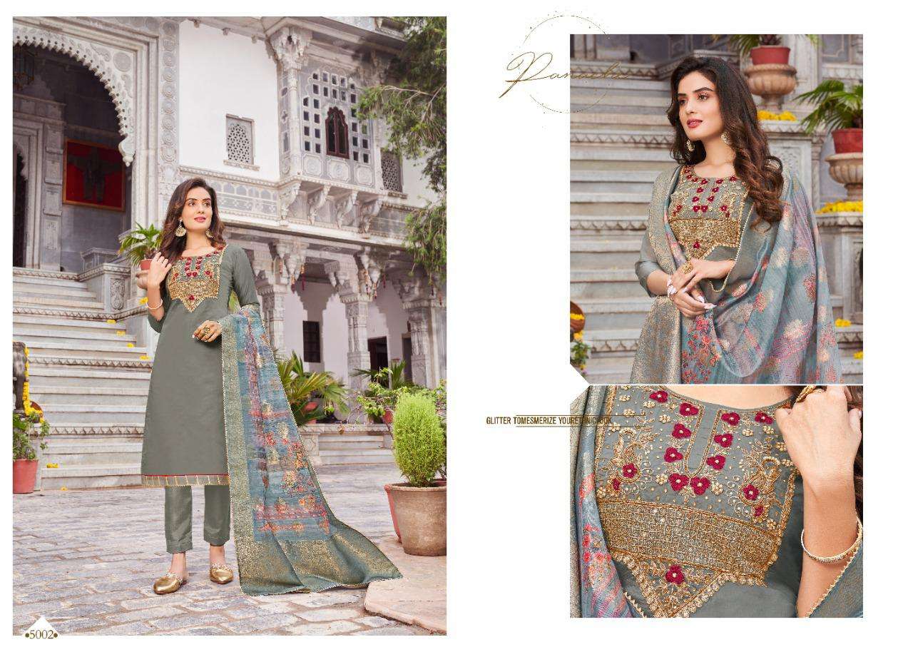 MANN MAHEK BY 7 CLOUDS 5001 TO 5006 SERIES BEAUTIFUL STYLISH SUITS FANCY COLORFUL CASUAL WEAR & ETHNIC WEAR & READY TO WEAR PURE BANARASI MODAL DRESSES AT WHOLESALE PRICE
