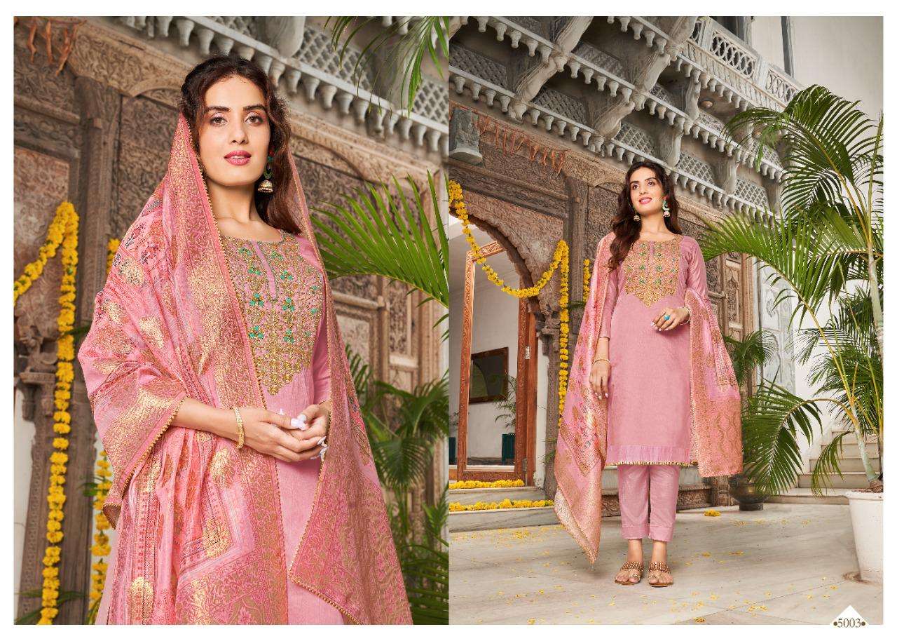 MANN MAHEK BY 7 CLOUDS 5001 TO 5006 SERIES BEAUTIFUL STYLISH SUITS FANCY COLORFUL CASUAL WEAR & ETHNIC WEAR & READY TO WEAR PURE BANARASI MODAL DRESSES AT WHOLESALE PRICE