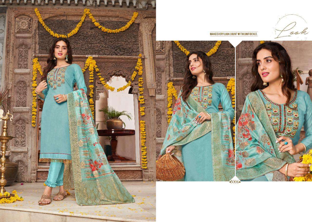 MANN MAHEK BY 7 CLOUDS 5001 TO 5006 SERIES BEAUTIFUL STYLISH SUITS FANCY COLORFUL CASUAL WEAR & ETHNIC WEAR & READY TO WEAR PURE BANARASI MODAL DRESSES AT WHOLESALE PRICE