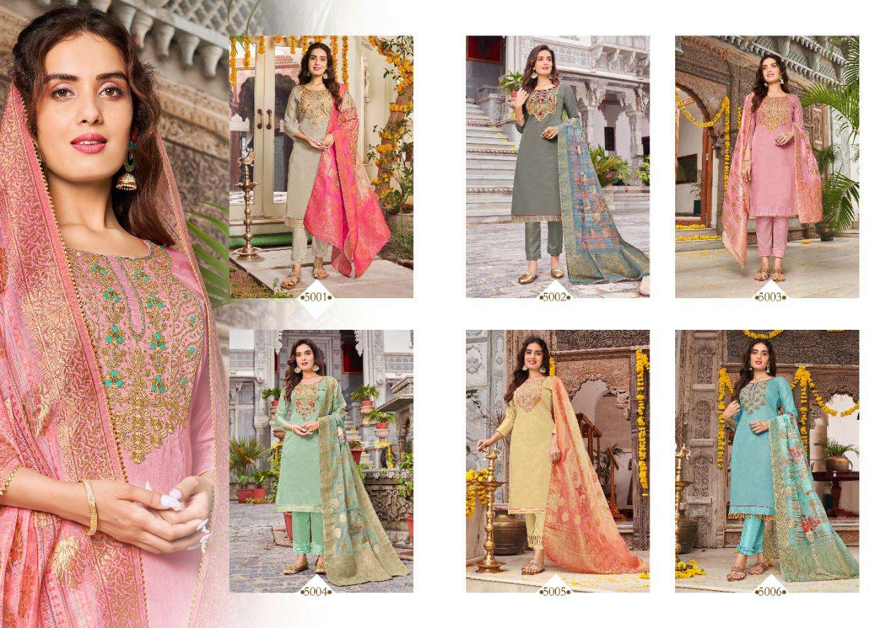 MANN MAHEK BY 7 CLOUDS 5001 TO 5006 SERIES BEAUTIFUL STYLISH SUITS FANCY COLORFUL CASUAL WEAR & ETHNIC WEAR & READY TO WEAR PURE BANARASI MODAL DRESSES AT WHOLESALE PRICE