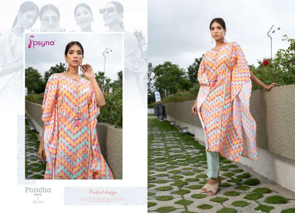 PONCHO BY PSYNA 1001 TO 1005 SERIES DESIGNER STYLISH FANCY COLORFUL BEAUTIFUL PARTY WEAR & ETHNIC WEAR COLLECTION MUSLIN PRINT KURTIS WITH BOTTOM AT WHOLESALE PRICE