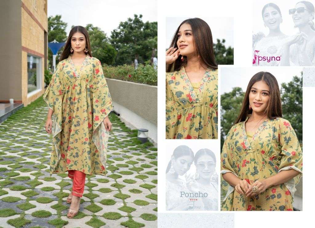PONCHO BY PSYNA 1001 TO 1005 SERIES DESIGNER STYLISH FANCY COLORFUL BEAUTIFUL PARTY WEAR & ETHNIC WEAR COLLECTION MUSLIN PRINT KURTIS WITH BOTTOM AT WHOLESALE PRICE