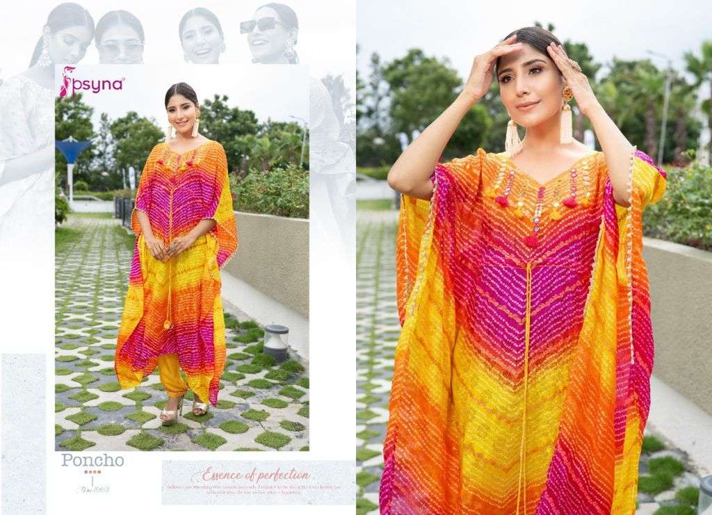 PONCHO BY PSYNA 1001 TO 1005 SERIES DESIGNER STYLISH FANCY COLORFUL BEAUTIFUL PARTY WEAR & ETHNIC WEAR COLLECTION MUSLIN PRINT KURTIS WITH BOTTOM AT WHOLESALE PRICE