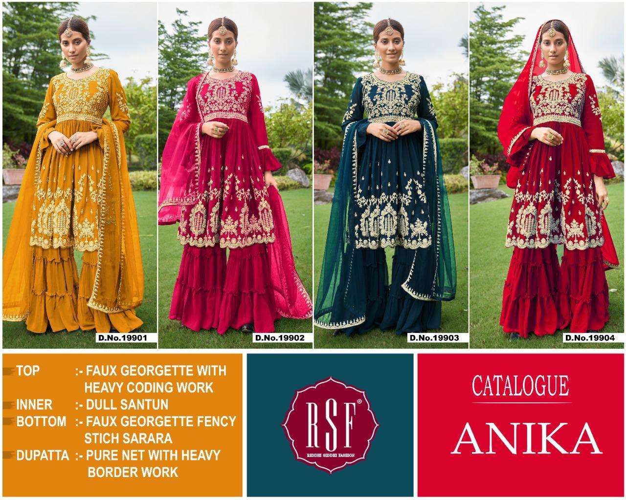ANIKA BY RIDDHI SIDDHI FASHION 19901 TO 19904 SERIES BEAUTIFUL STYLISH SHARARA SUITS FANCY COLORFUL CASUAL WEAR & ETHNIC WEAR & READY TO WEAR PURE FAUX GEORGETTE EMBROIDERED DRESSES AT WHOLESALE PRICE