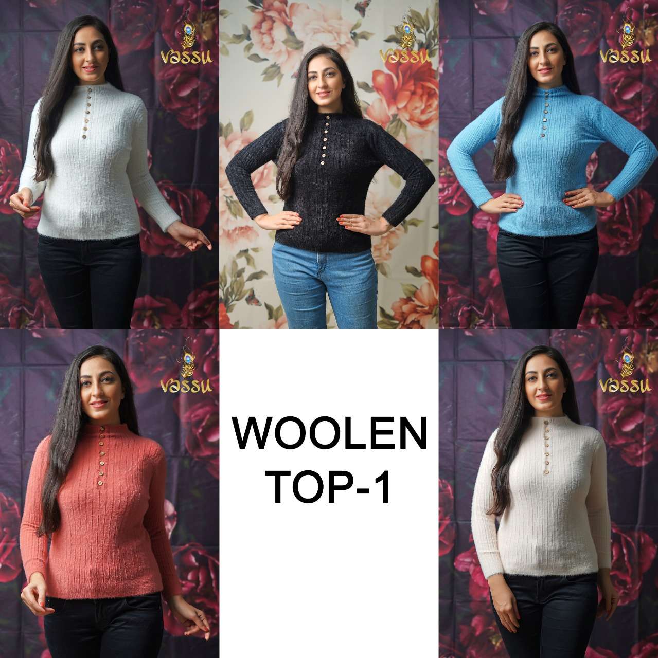 WOOLEN TOP VOL-1 BY VASSU 3001 TO 3005 SERIES BEAUTIFUL STYLISH FANCY COLORFUL CASUAL WEAR & ETHNIC WEAR WOOLEN TOPS AT WHOLESALE PRICE