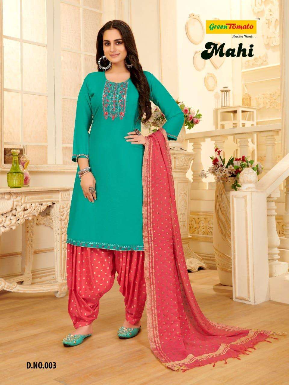 MAHI BY GREEN TOMATO 01 TO 08 SERIES BEAUTIFUL PATIYALA SUITS COLORFUL STYLISH FANCY CASUAL WEAR & ETHNIC WEAR HEAVY RAYON DRESSES AT WHOLESALE PRICE