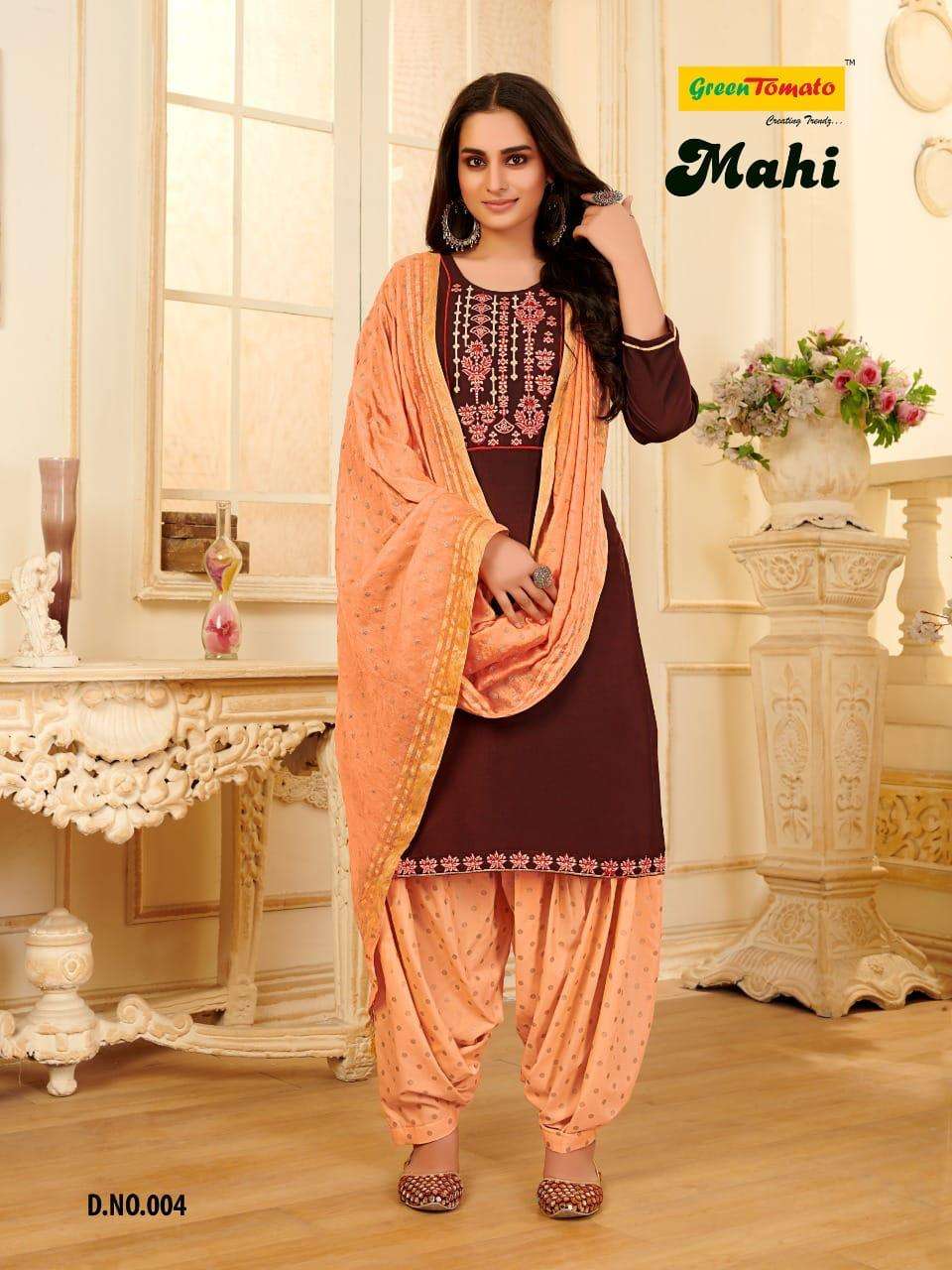 MAHI BY GREEN TOMATO 01 TO 08 SERIES BEAUTIFUL PATIYALA SUITS COLORFUL STYLISH FANCY CASUAL WEAR & ETHNIC WEAR HEAVY RAYON DRESSES AT WHOLESALE PRICE