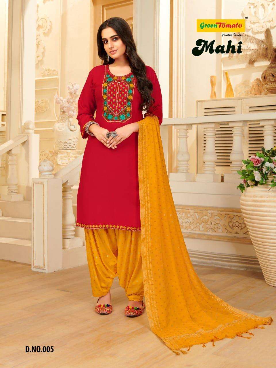 MAHI BY GREEN TOMATO 01 TO 08 SERIES BEAUTIFUL PATIYALA SUITS COLORFUL STYLISH FANCY CASUAL WEAR & ETHNIC WEAR HEAVY RAYON DRESSES AT WHOLESALE PRICE