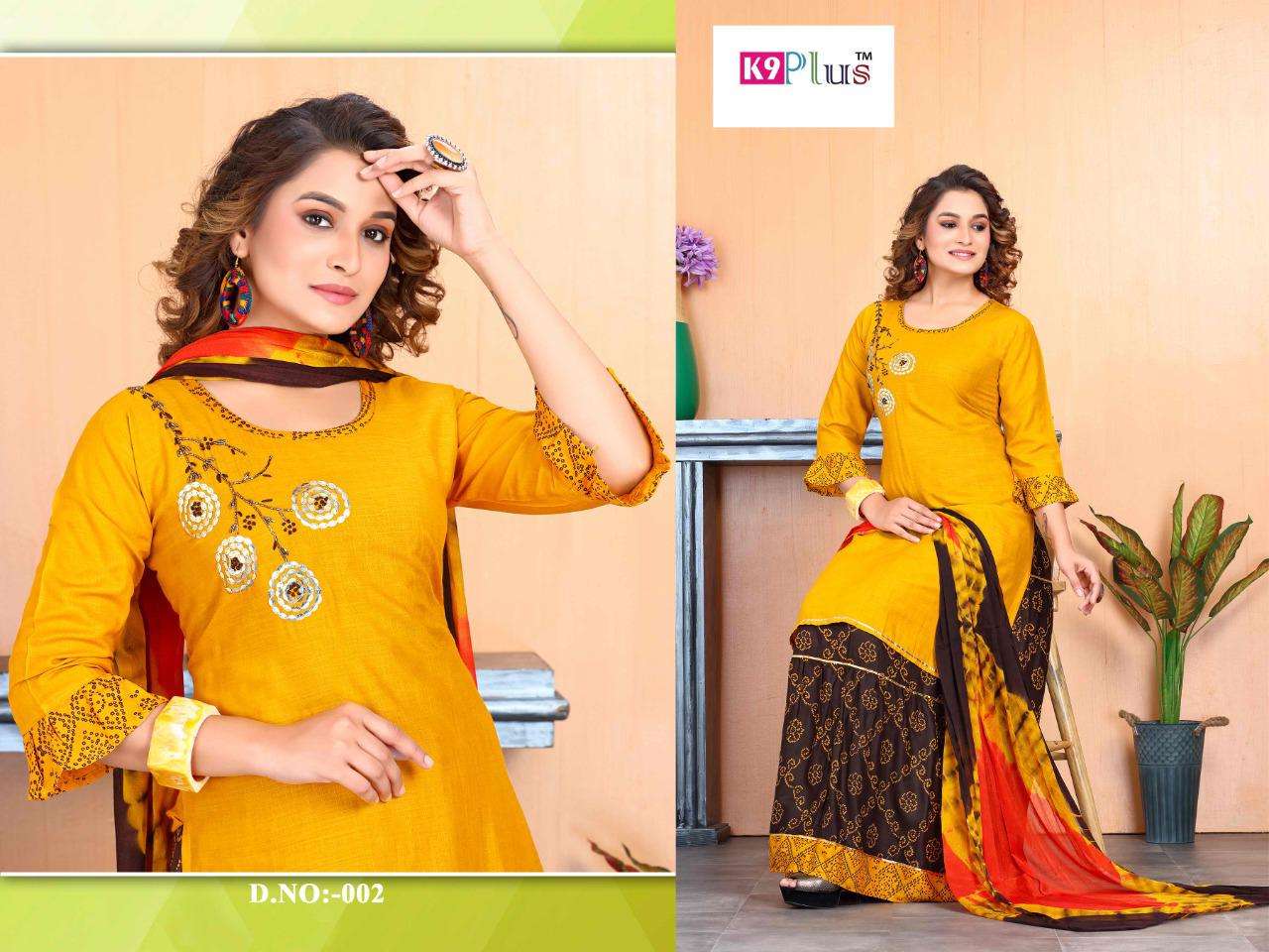 RIOUS BY K9 PLUS 001 TO 008 SERIES BEAUTIFUL SHARARA SUITS COLORFUL STYLISH FANCY CASUAL WEAR & ETHNIC WEAR HEAVY RAYON EMBROIDERED DRESSES AT WHOLESALE PRICE